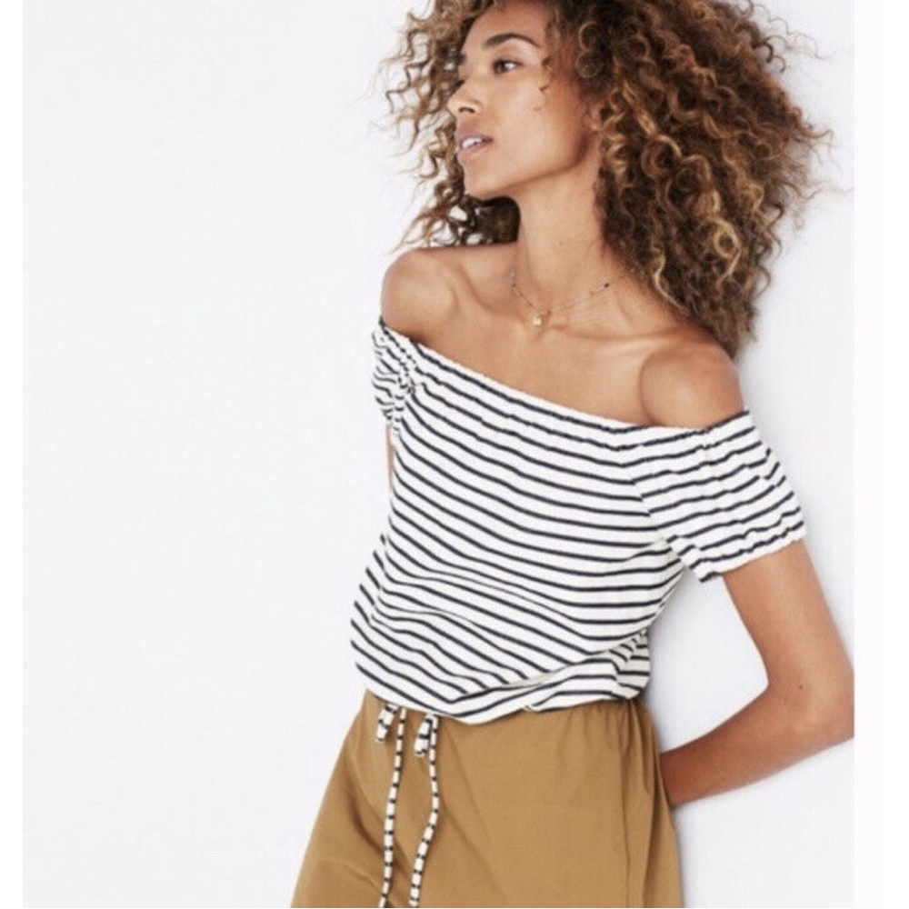 Madewell Women's Small Striped Melody Off the Shoulder Top Tie Cream/Navy